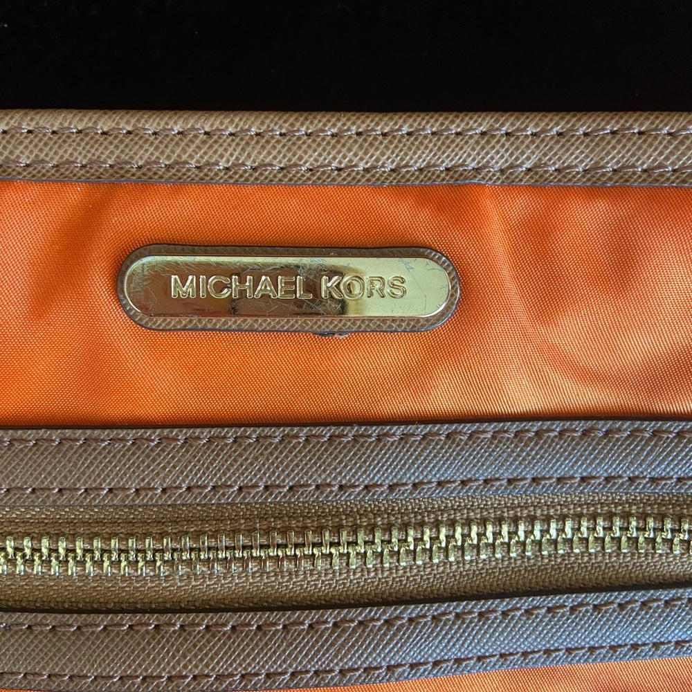 Michael Kors Kempton Orange Nylon British Tan Leather Pocket Crossbody Bag - Picture 3 of 14